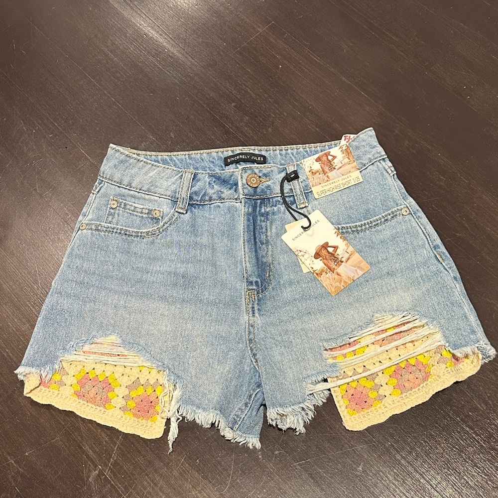 Sincerely Jules Blue Jean Shorts with Crochet Accents